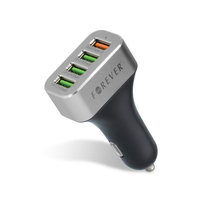 Forever autós gyorstöltő (4 USB port), QC 2.0, ezüst/ fekete