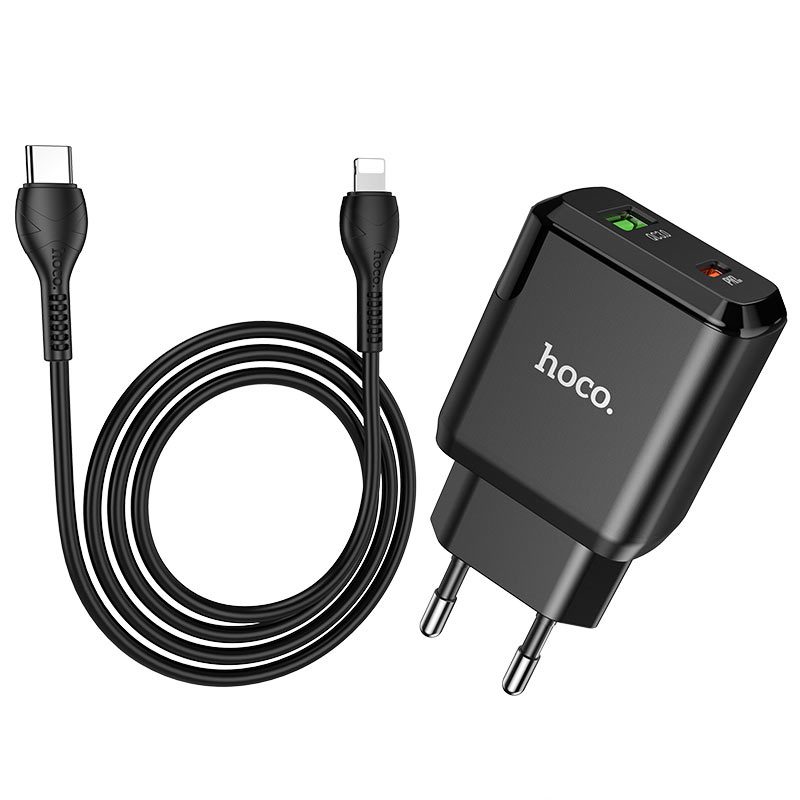 Hoco N5 hálózati gyorstöltő (QC + PD csatlakozó) PD lightning kábel, PD20W + QC3.0, fekete
