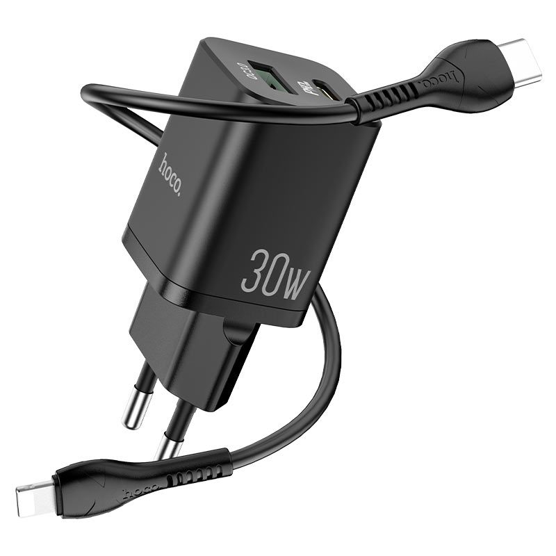 Hoco N13 hálózati gyorstöltő (QC + PD csatlakozó) PD lightning kábel, PD 30W + QC 3.0, fekete