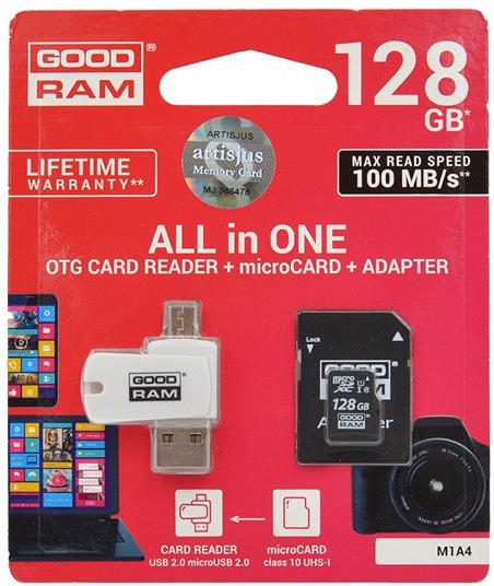 Goodram M1A4-1280R12 128GB class10 memóriakártya, USB OTG kártyaolvasóval, fekete