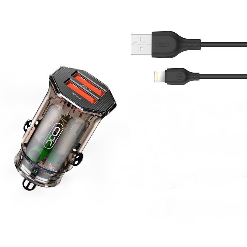 XO CC49 autós töltő (2 USB port, lightning kábel), átlátszó/barna