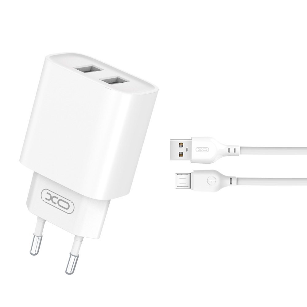 XO CE02C dupla USB töltő (Fehér) – micro USB kábellel
