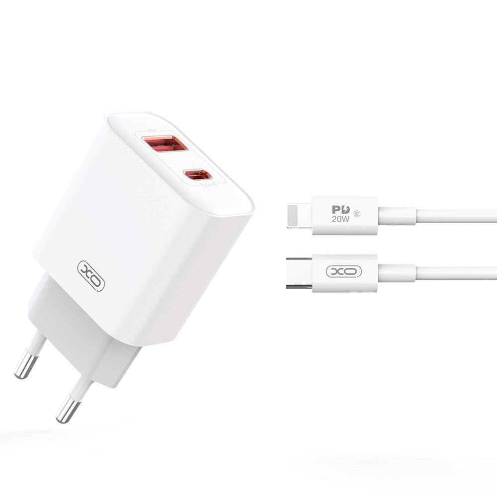XO CE12 PD 20W gyorstöltő (Fehér) – PD 20W + USB-A 18W, USB-C + USB-A csatlakozó, Lightning kábellel