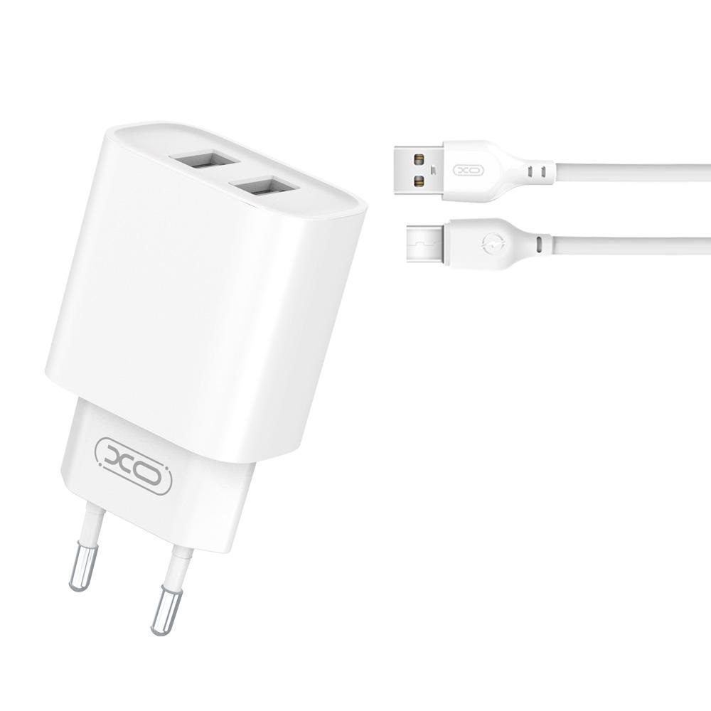 XO CE02C dupla USB töltő (Fehér) – Type-C kábellel