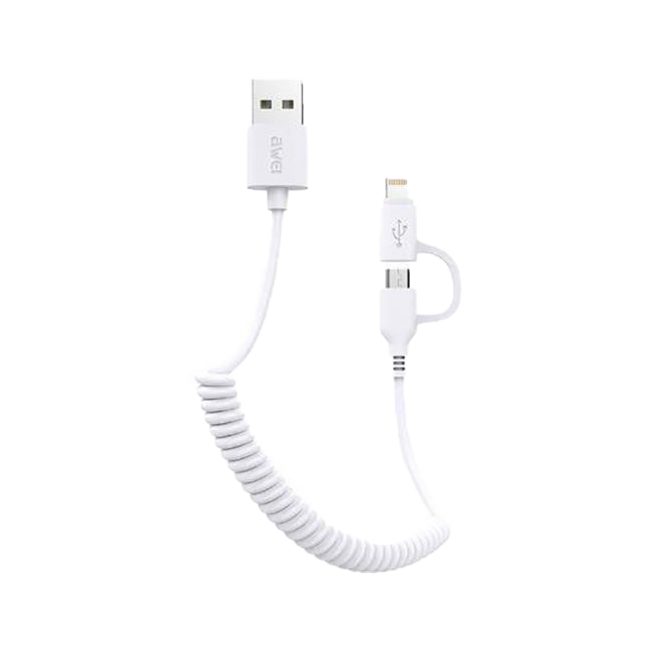 AWEI CL-53 2in1 kábel (microUSB + lightning), csavart, 1m, fehér