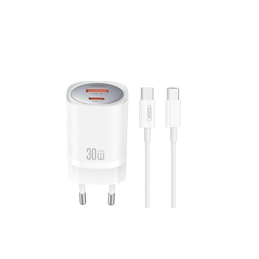 XO CE21 30W GaN gyorstöltő (Fehér) – USB-C + USB-A csatlakozó, Type-C kábellel