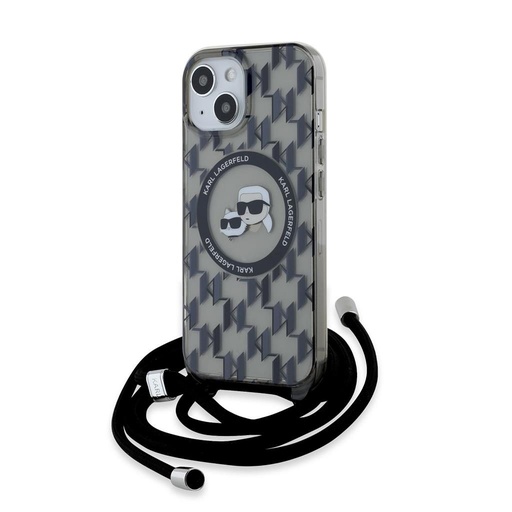 Apple iPhone 15 Karl Lagerfeld IML Monogram Crossbody K&CH Heads MagSafe tok (Fekete) – KLHMP15SHCKCKLCK