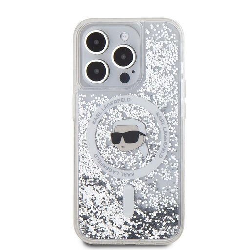 Apple iPhone 15 Pro Max Karl Lagerfeld Liquid Glitter Karl Head MagSafe tok (Átlátszó) – KLHMP15XLGKISGH