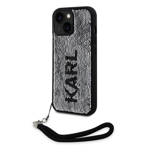 Apple iPhone 15 Karl Lagerfeld Sequins Reversible tok (Fekete/Ezüst) – KLHCP15SPSQRKS