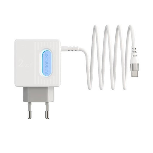 Borofone BA34 hálózati töltő (2 USB port), lightning kábel, 5V 2,4A, fehér