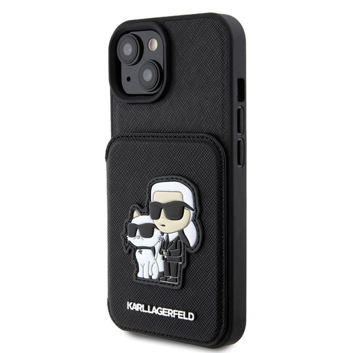 Apple iPhone 15 Karl Lagerfeld PU Saffiano Card Slot Stand Karl and Choupette tok (Fekete) – KLHCP15SSAKCSCK