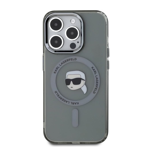 Apple iPhone 15 Pro Karl Lagerfeld IML Karl Head Metal Frame MagSafe tok (Fekete) – KLHMP15LHLSKIK