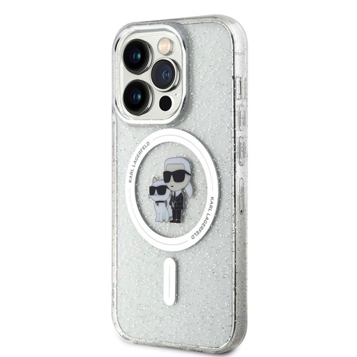 Apple iPhone 15 Pro Karl Lagerfeld IML Glitter Karl and Choupette MagSafe tok (Átlátszó) – KLHMP15LHGKCNOT