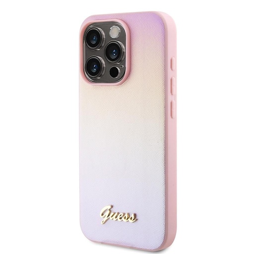 Apple iPhone 15 Pro Guess PU Leather Iridescent Metal Script tok (Rózsaszín) - GUHCP15LPSAIRSP