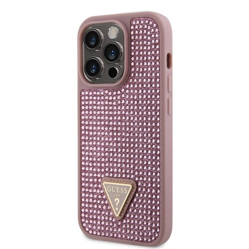 Apple iPhone 15 Pro Guess Rhinestones Triangle Metal Logo tok (Rózsaszín) - GUHCP15LHDGTPP