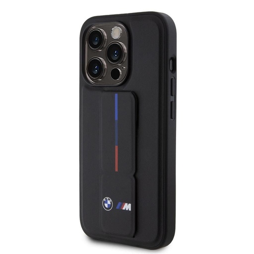 Apple iPhone 15 Pro BMW M Collection PU Grip Stand tok – Tricolor Line (Fekete) - BMHCP15L22GSLK
