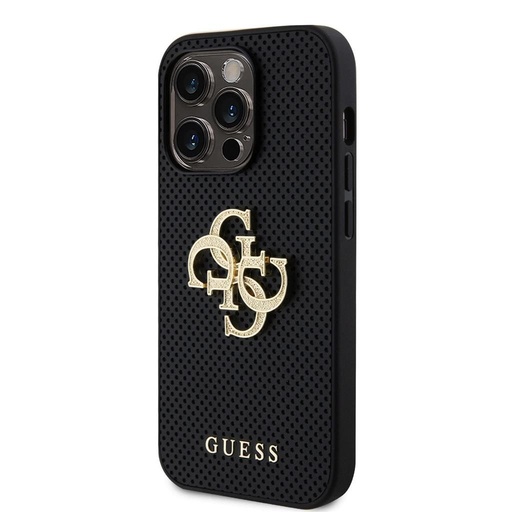 Apple iPhone 15 Pro Max Guess PU Perforált 4G Glitter Metal Logo tok (Fekete) - GUHCP15XPSP4LGK