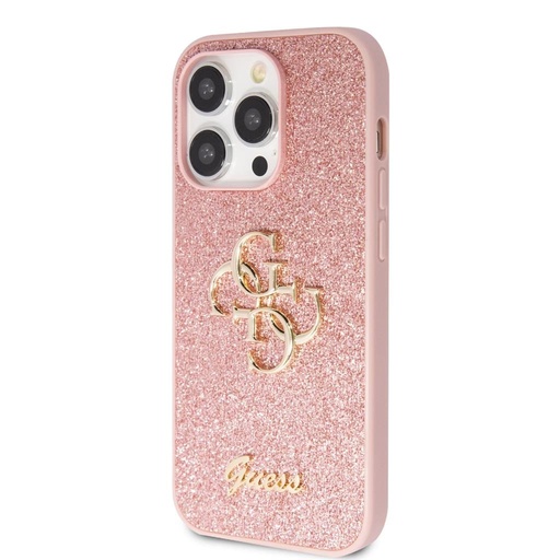 Apple iPhone 15 Pro Guess PU Fixed Glitter 4G Metal Logo tok (Rózsaszín) - GUHCP15LHG4SGP