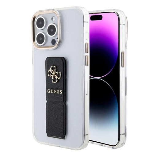 Apple iPhone 15 Pro Guess PU Grip Stand 4G Metal Logo tok (Fekete) - GUHCP15LHGSSA4K