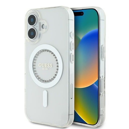 Apple iPhone 16 Guess IML Rhinestones Ring MagSafe tok (Fehér) - GUHMP16SPFTDTEH