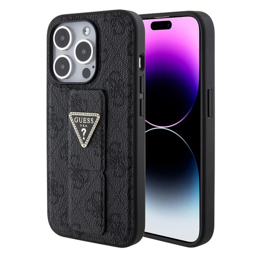 Apple iPhone 15 Pro Guess PU Grip Stand Strass Triangle tok (Fekete) - GUHCP15LPGS4TDK