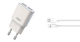 XO L92C 2.4A töltő (Fehér) – dupla USB csatlakozó, Lightning kábellel