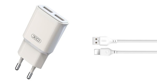 XO L92C 2.4A töltő (Fehér) – dupla USB csatlakozó, Lightning kábellel