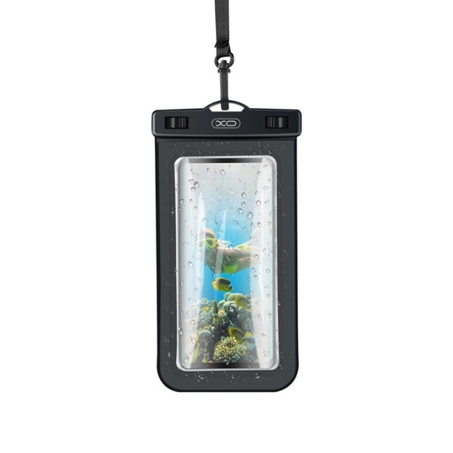 XO KT01 PVC vízálló telefontok nyitható ablakkal és nyakpánttal (Fekete)