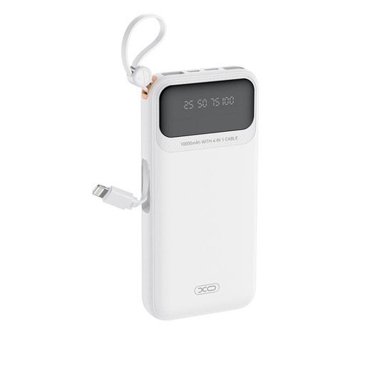 XO PR278 power bank 10000 mAh (Fehér) – digitális kijelző, 4 beépített kábel (USB-A, USB-C, MicroUSB, Lightning)