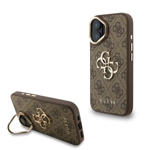 Apple iPhone 16 Guess PU 4G Metal Logo Stand Camera Frame tok (Barna) - GUHCP16SPCS4GP4W