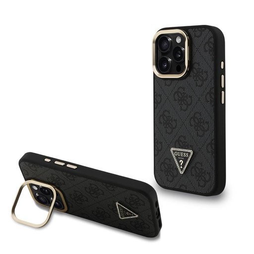 Apple iPhone 15 Pro Max Guess PU 4G Strass Triangle Logo Stand Camera Frame MagSafe tok (Fekete) - GUHMP15XPCS4GPTK
