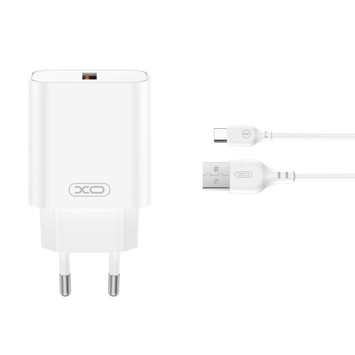 XO CE33(EU) hálózati gyorstöltő + Type-C kábel (Fehér) - 18W, QC3.0, NB103 szett