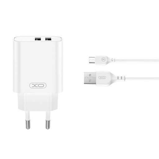 XO CE34(EU) hálózati töltő + Type-C kábel (Fehér) - 2.4A, Dual USB-A, NB103 szett