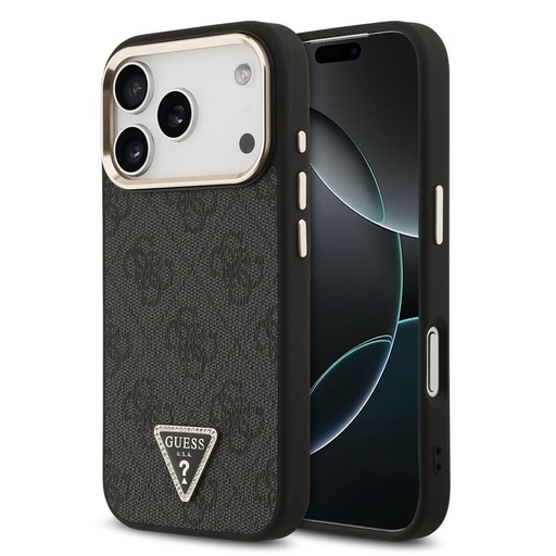 Guess PU Leather 4G Strass Triangle Logo Gold Frame MagSafe tok iPhone 17 Pro (Fekete) - GUHMP17LP4GTDGMK