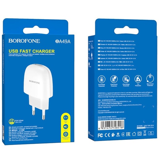 Borofone BA49A hálózati töltő, 5V 2.1A, fehér