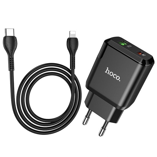 Hoco N5 hálózati gyorstöltő (QC + PD csatlakozó) PD lightning kábel, PD20W + QC3.0, fekete
