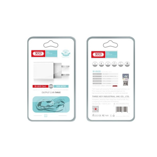 XO L65 2.4A töltő (Fehér) – dupla USB csatlakozó, micro USB kábellel