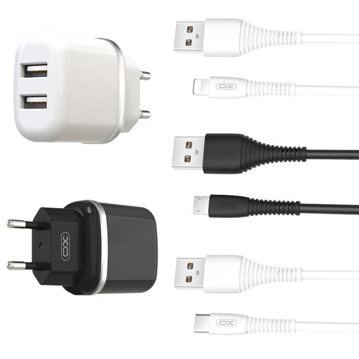 XO L69 2.4A töltő (Fekete) – dupla USB csatlakozó, Lightning kábellel