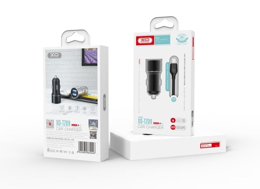 XO TZ09 autós töltő (Fekete) – 2×USB, Type-C kábel, alumínium ház, 12W