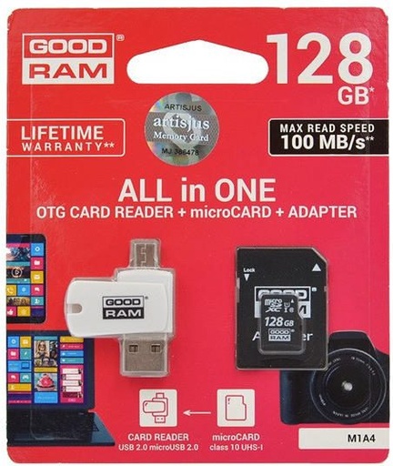 Goodram M1A4-1280R12 128GB class10 memóriakártya, USB OTG kártyaolvasóval, fekete