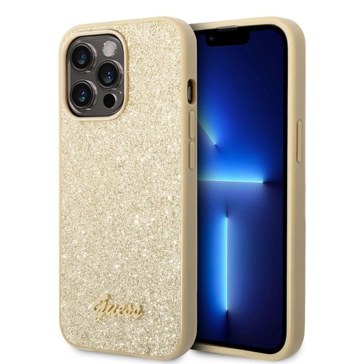 Apple iPhone 14 Pro Guess Glitter Flakes Metal Logo tok (Arany) - GUHCP14LHGGSHD
