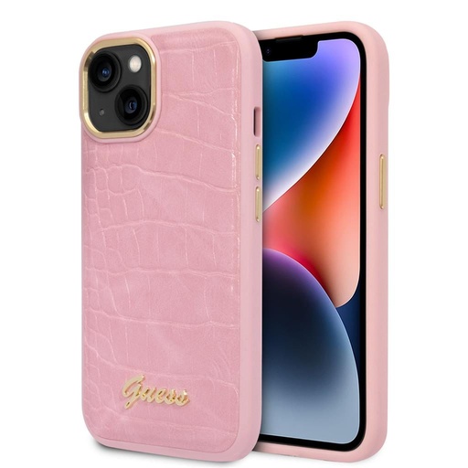 Apple iPhone 14 Guess PU Croco tok fém kamera kerettel (Rózsaszín) - GUHCP14SHGCRHP