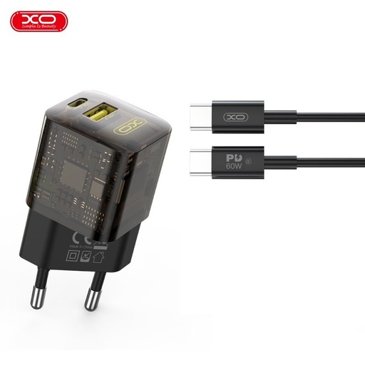 XO CE05 PD 30W gyorstöltő (Barna) – PD 30W + QC 3.0 18W, USB-A + USB-C csatlakozó, Type-C kábellel