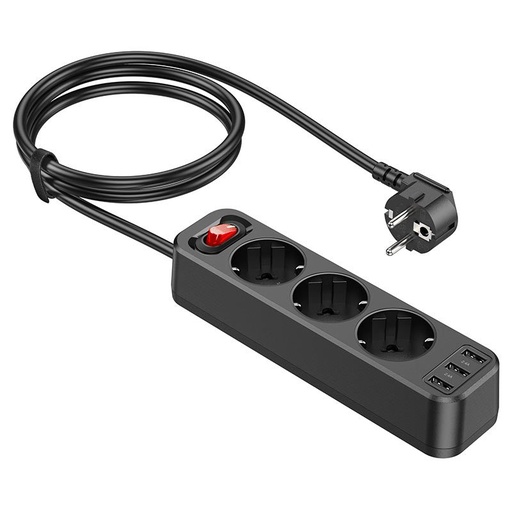 Hoco NS2 nagy teljesítményű hosszabbító aljzat, 3 aljzat + 3 * USB 5V / 2.4A kimenet fekete