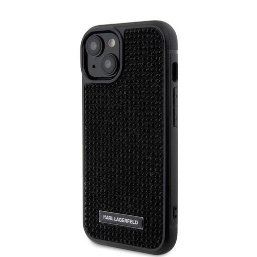 Apple iPhone 15 Karl Lagerfeld Rhinestone Plate Metal Logo tok (Fekete) – KLHCP15SHDSPLK