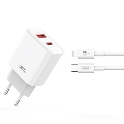 XO CE12 PD 20W gyorstöltő (Fehér) – PD 20W + USB-A 18W, USB-C + USB-A csatlakozó, Lightning kábellel