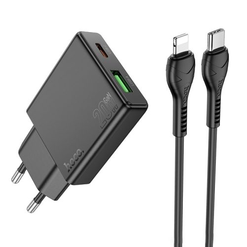 Hoco N38 gyorstöltő adapter USB-A/Type-C csatlakozással (PD20W teljesítménnyel) , Type-C-Lightning kábellel fekete